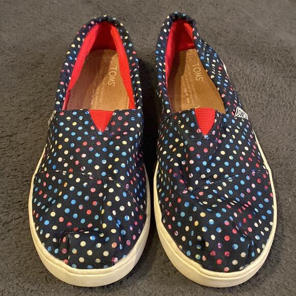 Toms Rainbow Polka Dot on Navy Blue One for One Slip-Ons w/NEW Tote Bag - Picture 2 of 11